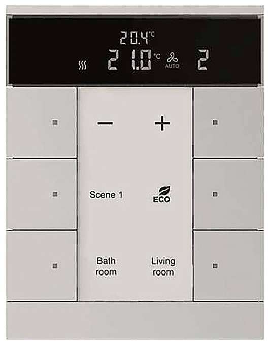 Ein digitales Thermostat-Display zeigt '20,4°C' an, eingestellt auf '21,0°C', mit Bedienelementen zur Temperaturanpassung und Schaltflächen mit den Beschriftungen 'Badezimmer' und 'Wohnzimmer'.