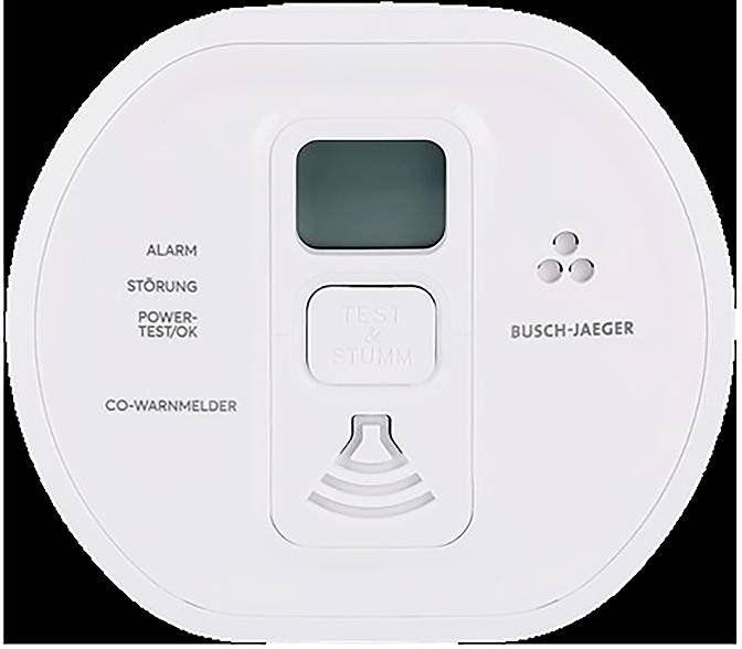 Ein weißes CO-Alarmgerät mit digitaler Anzeige, gekennzeichnet als 'Busch-Jaeger'. Die Tasten umfassen 'Test/Stummschaltung'. Die Anzeigen zeigen 'Alarm' und 'Stromversorgung-Test/OK'.