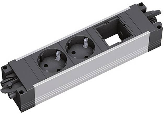 Eine rechteckige Steckdosenleiste mit zwei runden Steckdosen und einem Platzhalter für einen Schalter, entwickelt für die Installation in Möbeln.