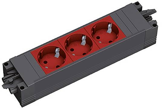 Drei rote elektrische Steckdosen in einer schwarzen rechteckigen Steckerleiste.