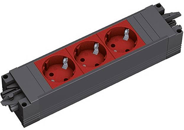 Ein dreifach-Steckdosenleisten mit schwarzem Gehäuse und roten Steckdosen, konzipiert für die horizontale Wandmontage.