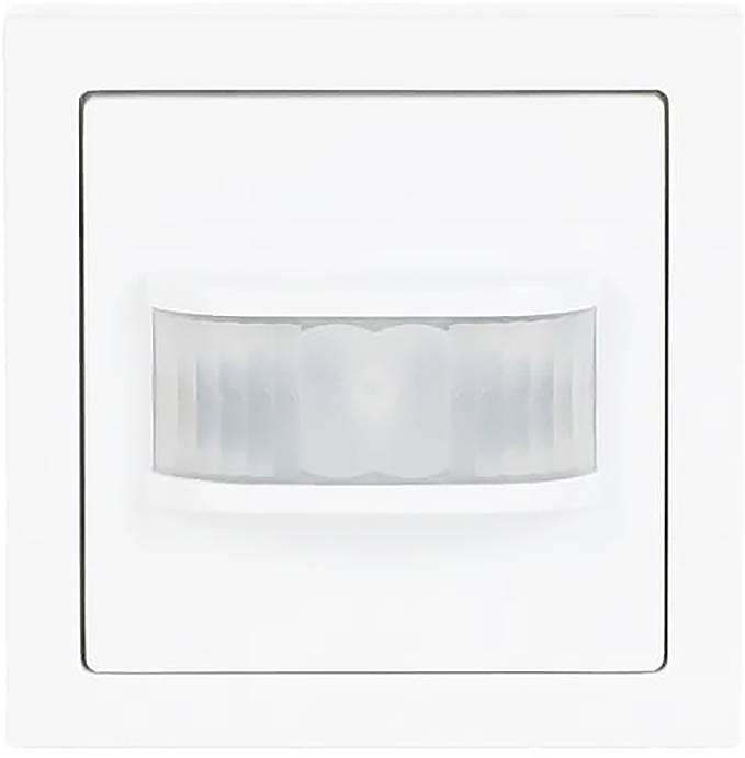 Ein weißer wandmontierter Bewegungsmelder mit rechteckigem Rahmen und einem leicht gewölbten Erkennungsfenster in der Mitte.