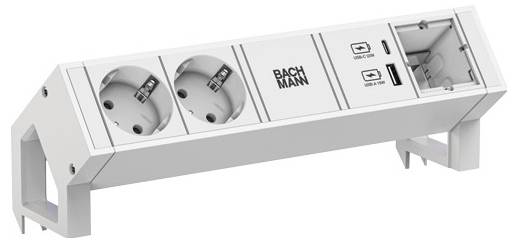 Eine weiße Mehrfachsteckdosenleiste mit zwei Steckdosen, zwei USB-Anschlüssen und einem USB-C-Anschluss, montiert auf einem geneigten Ständer.