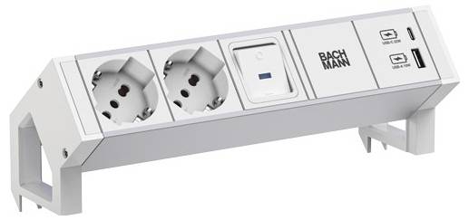 Steckerleiste mit zwei EU-Steckdosen, USB-A-, USB-C-Anschlüssen und einem Schalter, gekennzeichnet mit „BACHMANN