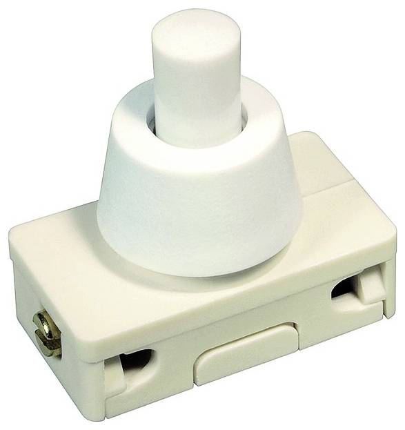 Ein weißer Druckschalter auf einer cremefarbenen Kunststoffbasis, der in elektrischen Schaltkreisen verwendet wird, in einer perspektivischen Ansicht dargestellt.