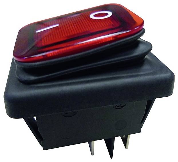 Ein roter Wippschalter mit Ein-/Aus-Symbol, leicht geneigt, auf einer schwarzen Basis.