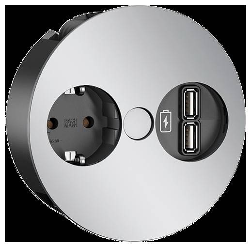 Eine runde Wandsteckdose mit einer europäischen Steckdose auf der linken Seite und zwei USB-Anschlüssen auf der rechten Seite, entworfen zum Aufladen elektronischer Geräte.