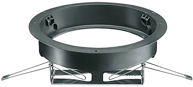 Eine schwarze kreisförmige Montageklammer mit angebrachten Metallclips, wahrscheinlich zur Befestigung einer Deckenleuchte oder ähnlicher Installationen.