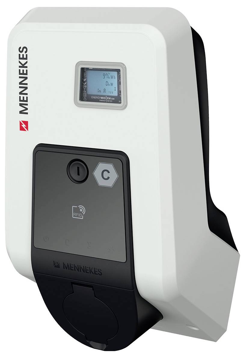 Ladestation für Elektrofahrzeuge mit kleinem Display und Kartenleser. Weißes Gehäuse mit schwarzem Frontpanel mit Bedienungselementen.