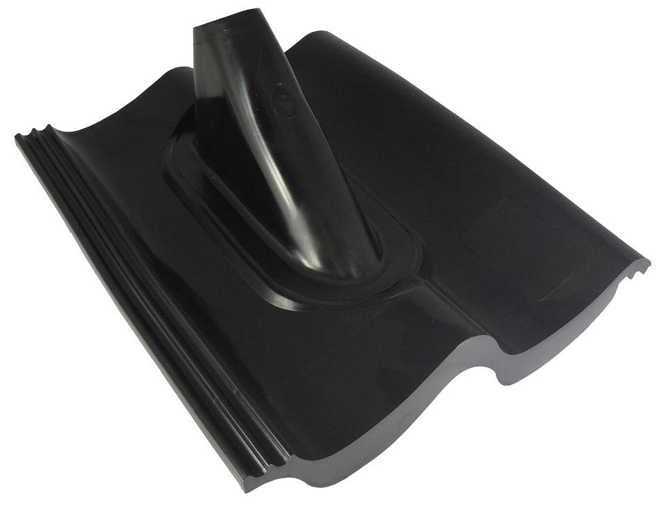 Eine schwarze Kunststoffdachziegel mit angebrachtem Schrägventilrohr, entwickelt für die Belüftung von Dachsystemen, mit Wellenmuster.