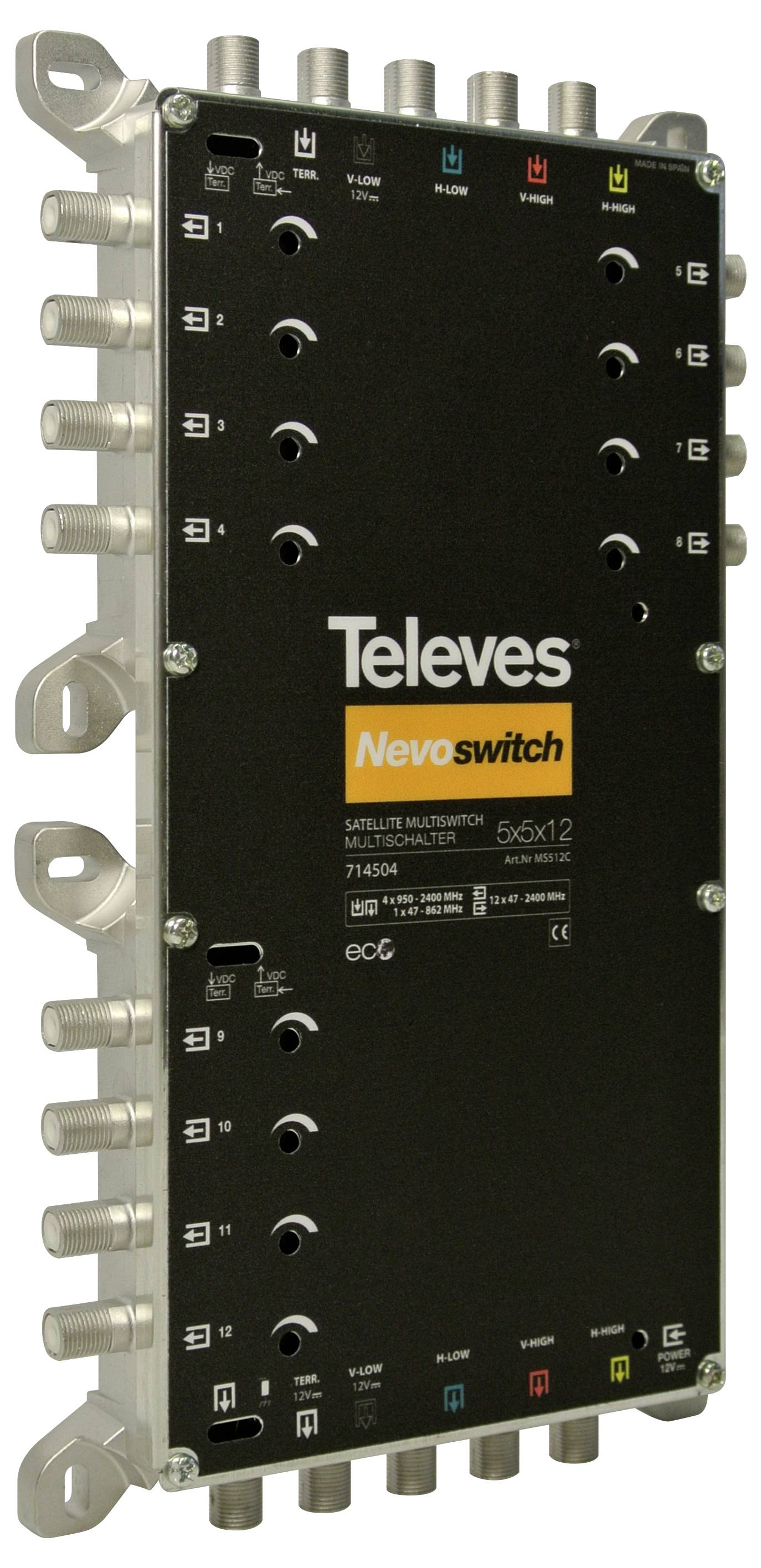 'Televes Nevoswitch 5x6x12' Multischalter-Gerät mit mehreren Koaxialverbindungsbuchsen, das zur Verteilung von Satelliten-TV-Signalen verwendet wird.
