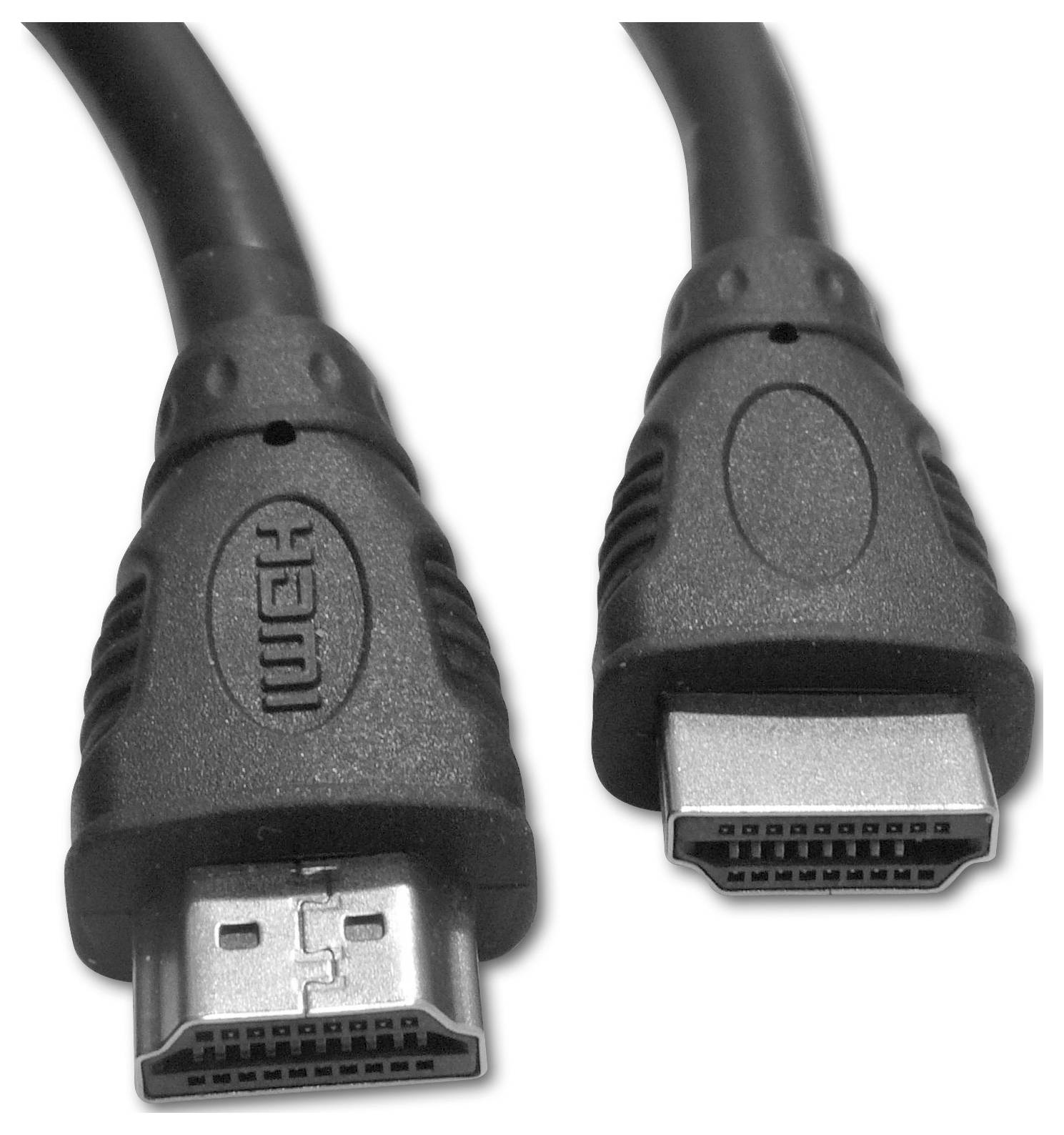 Zwei HDMI-Kabel mit schwarzen Steckern, die die Metallstecker zeigen.