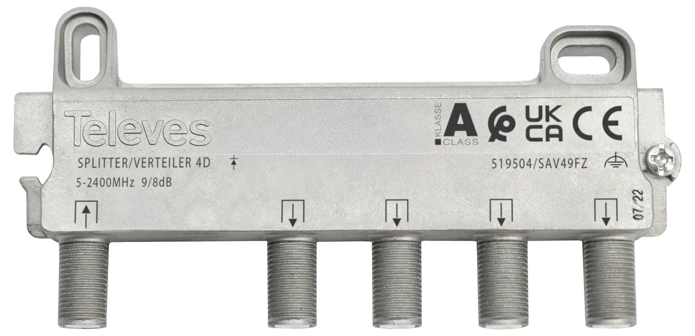 Ein Metall-Fernseh-Kabelsplitter mit 5 Anschlüssen, gekennzeichnet mit 