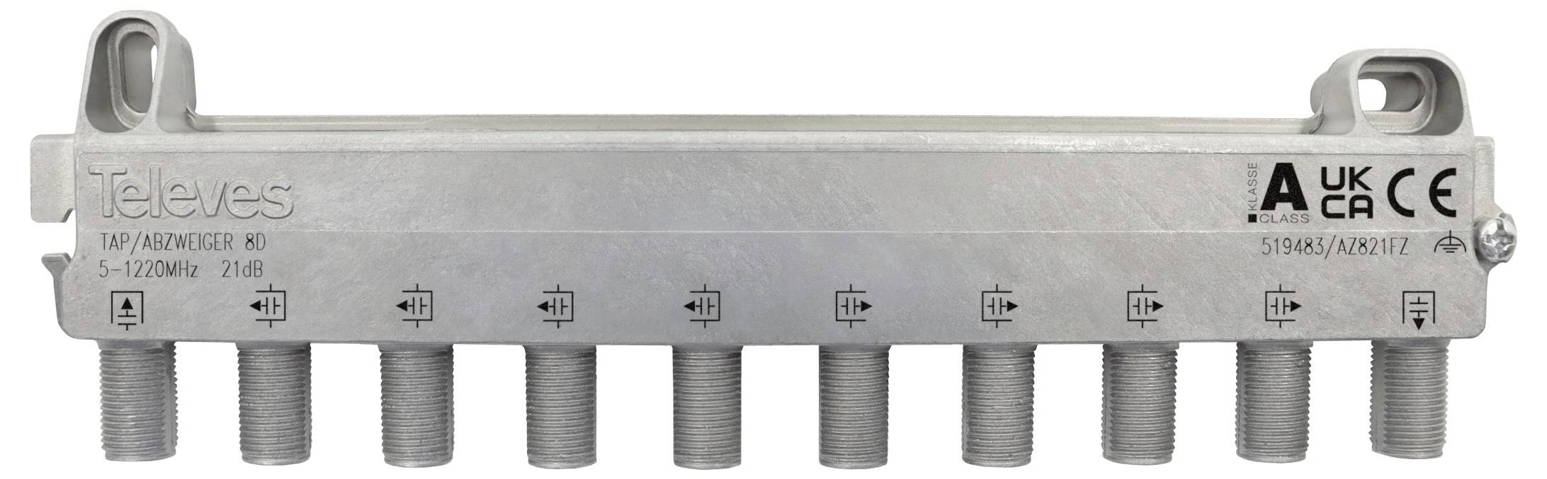 Zehn-Port-Koaxialkabel-Splitter mit der Bezeichnung 'Televés', der verschiedene technische Spezifikationen und Zertifizierungen anzeigt.