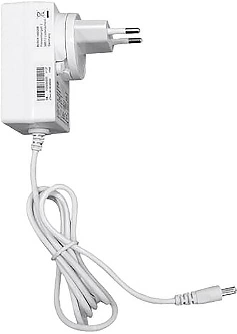 Ein weißer Stromanschluss mit europäischem Stecker und einem dünnen Kabel angebracht.