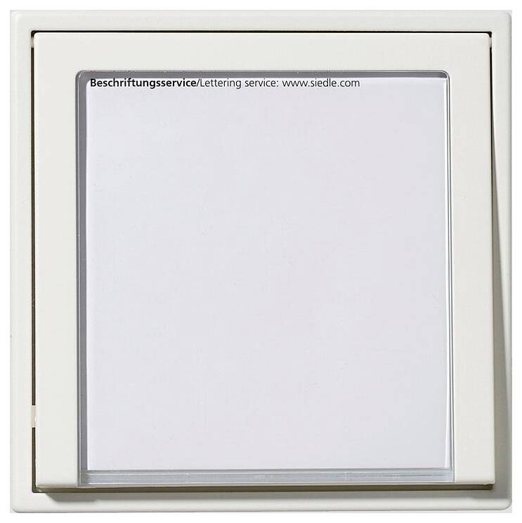Ein weißer quadratischer Rahmen mit einer klaren Plexiglasscheibe, auf der der Text „Beschriftungsservice/Lettering service: www.siedle.com