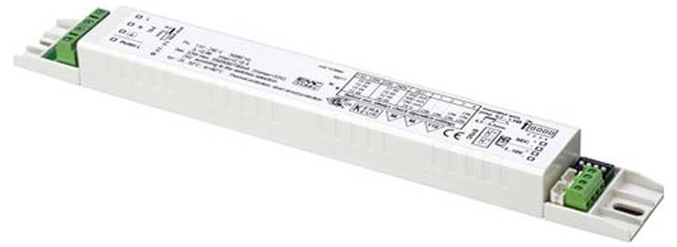 Ein elektronisches LED-Treibermodul mit weißem Gehäuse, das an beiden Enden beschriftete Eingangs- und Ausgangsverbindungen aufweist.