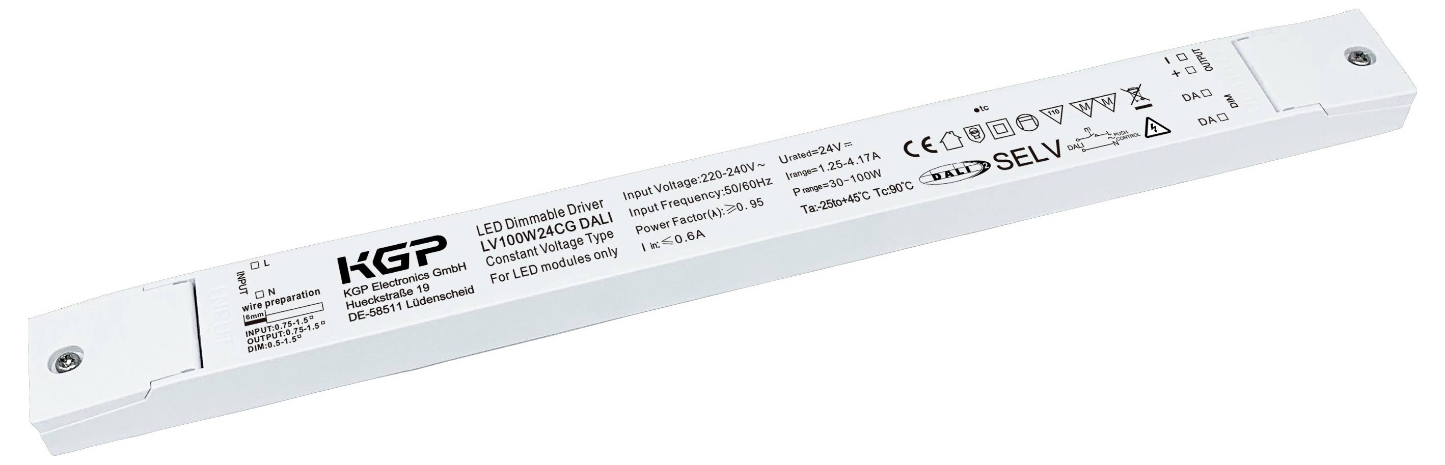 Weißer rechteckiger LED-Dimmtreiber mit Markenlogo und auf der Oberfläche gedruckten Spezifikationen, der Leistungs- und Spannungsdetails anzeigt.