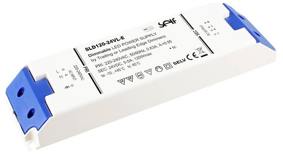 Rechteckiges LED-Netzteil mit Modellnummer „SLD120-24VL-E