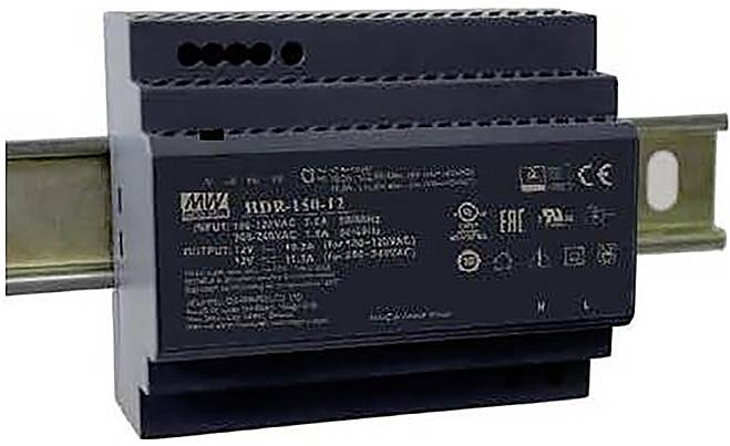 „Eine schwarze DIN-Schienen-Stromversorgung mit der Bezeichnung RDY-1512-12 hat Ein- und Ausgangsspezifikationen sowie verschiedene Zertifizierungszeichen auf der Vorderseite.