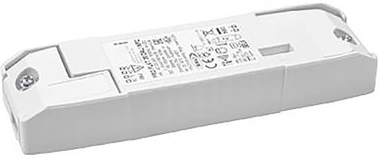 Ein rechteckiger LED-Treiber mit weißem Gehäuse und verschiedenen Beschriftungen und Symbolen, die Spezifikationen und Compliance-Zertifizierungen angeben.