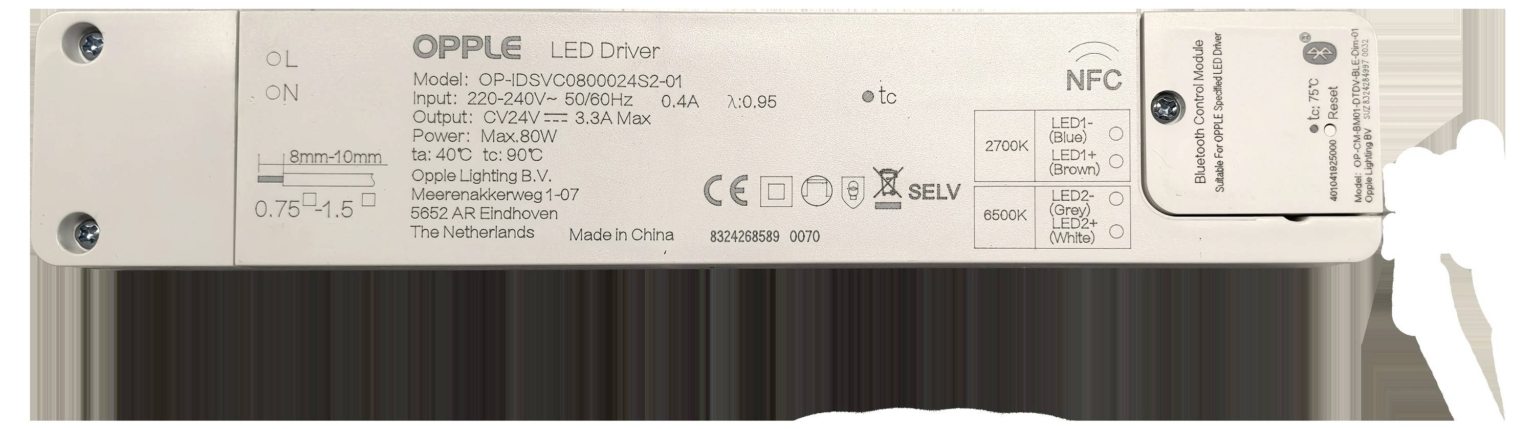 OPPLE LED-Treiber, Modell: OP-D36-0-060420B12-01, 220-240V, 50/60Hz, 0,4A, 0,1-0,6A Ausgabe, Max. 60W, NFC-kompatibel, SELV-Kennzeichnung.