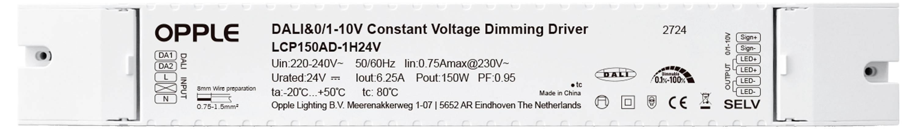 'OPPLE DALI&0/1-10V Konstantspannungs-Dimm-Treiber, Modell LCP135AAD-H24V', detaillierte Spezifikationen und Sicherheitssymbole angezeigt.