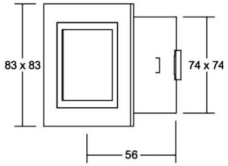 Maßstabgerechte technische Zeichnung einer rechteckigen gerahmten Öffnung oder eines Panels, die Größen 83 x 83, 74 x 74 und eine Breite von 56 Einheiten aufweist.