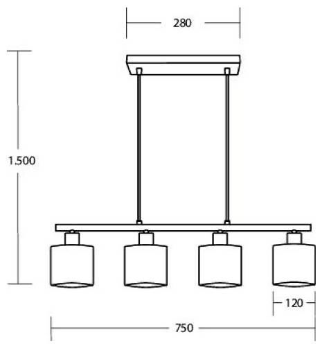 Technische Zeichnung einer vierflammigen Pendelleuchte mit beschrifteten Abmessungen 280, 1.500, 750 und 120.