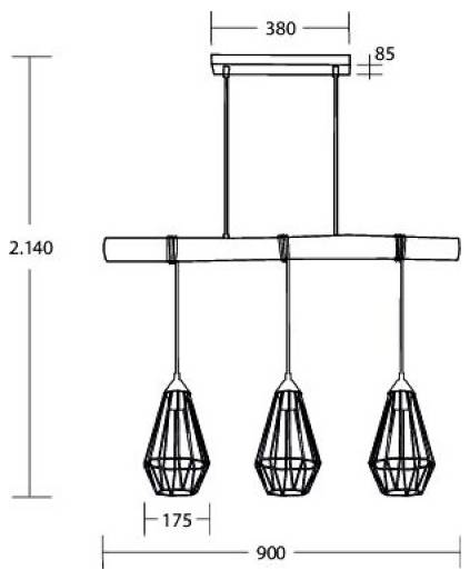 Maßstabgerechte Zeichnung einer dreiflammigen Pendelleuchte mit einer Gesamthöhe von 2.140 mm, einer Breite von 900 mm, einer Oberlenker-Breite von 380 mm und einer Schirmbreite von 175 mm.