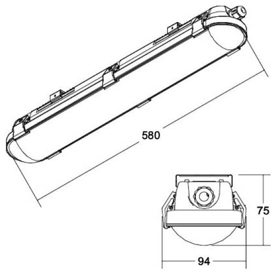 Technische Zeichnung einer langovalformen Leuchte mit einer Gesamtlänge von 580 und Enddimensionen von 94 Breite mal 75 Höhe.