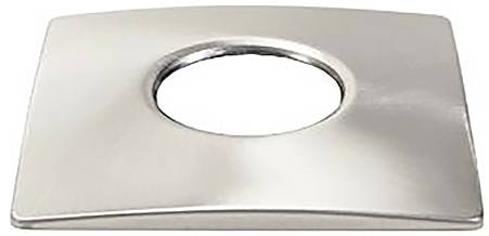 Eine rechteckige Metallplatte mit einem zentralen kreisförmigen Loch, möglicherweise eine Armatur oder ein Bauteil für die Installation von Sanitär- oder Hardwareanlagen.