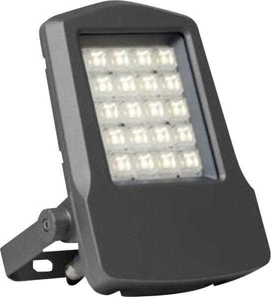 Schwarze LED-Flutleuchte mit verstellbarer Montageklammer und rechteckigem Lichtpanel auf weißem Hintergrund.