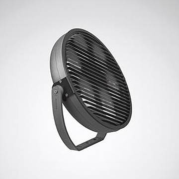 Eine schwarze und silberne runde LED-Flutlicht mit Metallgitter und verstellbarer Halterung.