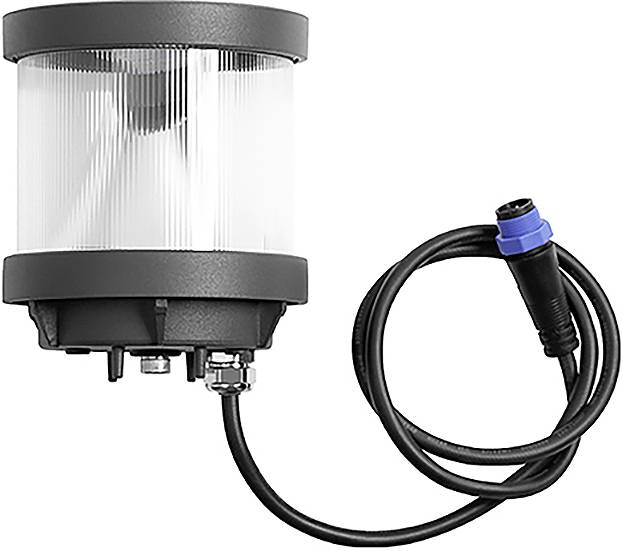 Eine zylindrische Leuchte mit gerillter Glashülle außen, befestigt an einem schwarzen Kabel mit einem blau-schwarzen Stecker.