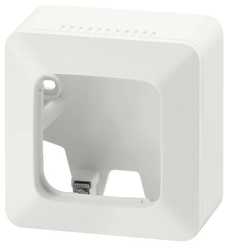 Ein weißer Kunststoffrahmen mit einer quadratischen Öffnung, konzipiert zur Aufnahme eines Schalters oder einer Steckdose, mit minimalistischem modernem Design.