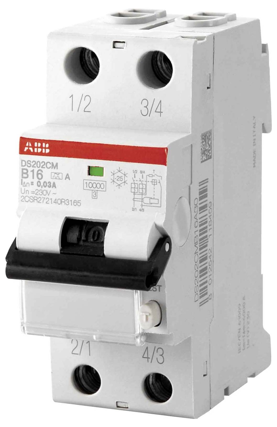 ABB Leitungsschutzschalter, Modell DS202CMA B16, mit Spezifikationen für 230V und 63A. Verfügt über Doppelschaltungsverbindungen. Wird für elektrische Sicherheit verwendet.