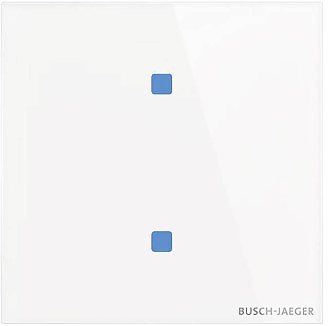 Ein weißes quadratisches Panel mit zwei kleinen blauen Quadraten, die vertikal in der Mitte angeordnet sind, mit dem Text „Busch-Jaeger