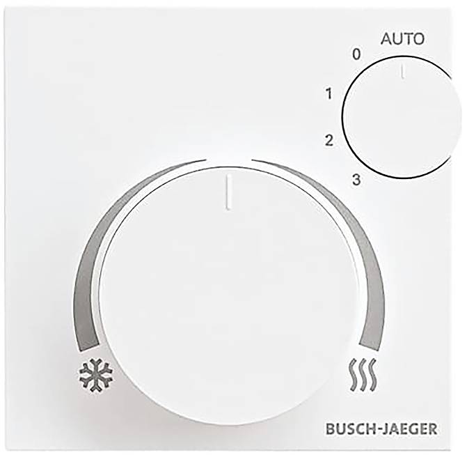 Ein weißes Thermostat mit einem großen zentralen Zifferblatt, das Kälte- und Wärmesymbole zeigt, und einem kleineren Zifferblatt mit der Beschriftung 