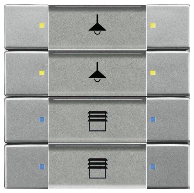 Vier Aufzugsschaltflächen mit Symbolen: Die oberen zwei zeigen eine Glühbirne, die die Lichtsteuerung anzeigt; Die unteren zwei zeigen einen Stapel, möglicherweise zur Lüftersteuerung. Blaue und gelbe Quadrate sind Statusanzeigen.