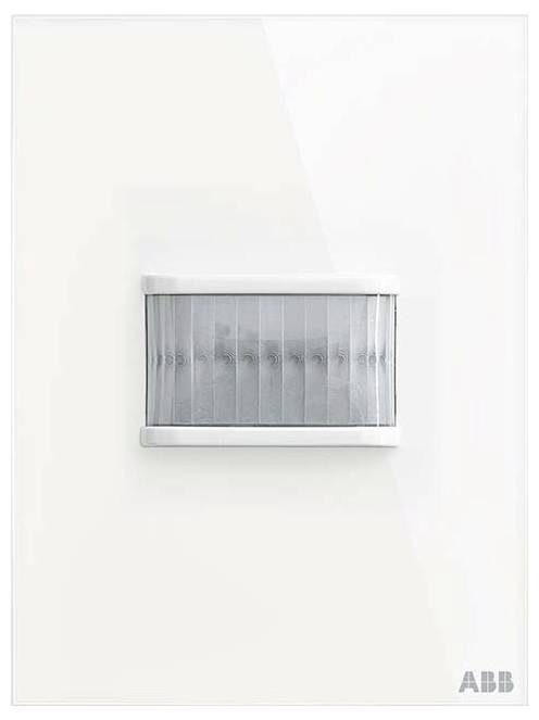 Ein weißer ABB-Bewegungsmelder mit schlankem, modernem Design an einer Wand installiert.
