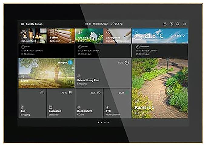 Ein digitales Heimautomationskontrollpanel mit Optionen für Beleuchtung, Wetter und Sicherheitskamera mit Symbolen und Temperaturanzeigen.