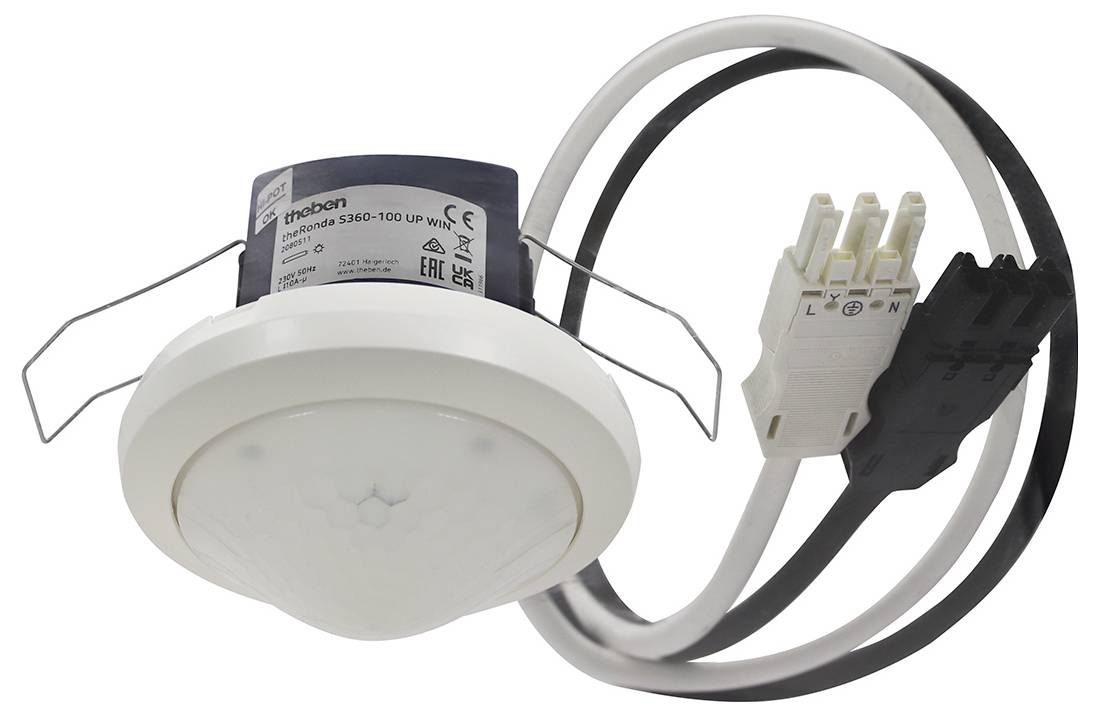 Deckengestützter Bewegungsmelder mit angeschlossenen Drähten für die elektrische Installation, konzipiert für die Raumnutzung.