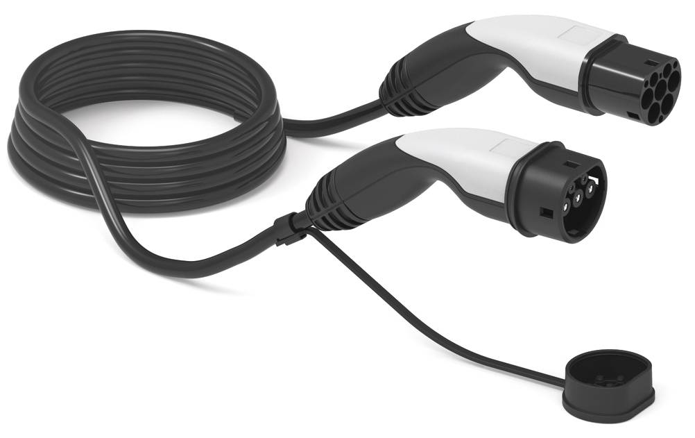Ladekabel für Elektrofahrzeuge mit zwei Steckern, einer mit Schutzkappe, ordentlich aufgerollt zur Lagerung.