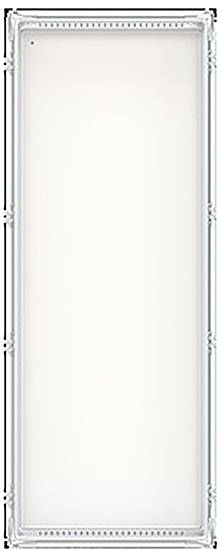 Ein weißes, rechteckiges Panel mit verziertem Rand, das an einen leeren Bilderrahmen oder Spiegel erinnert.