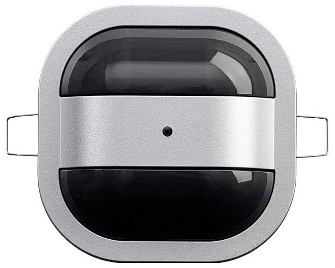 Eine Nahaufnahme eines metallischen und gläsernen, kapselförmigen Objekts mit einer zentralen schwarzen Linse; sieht aus wie ein technologisches Gerät oder Sensor.