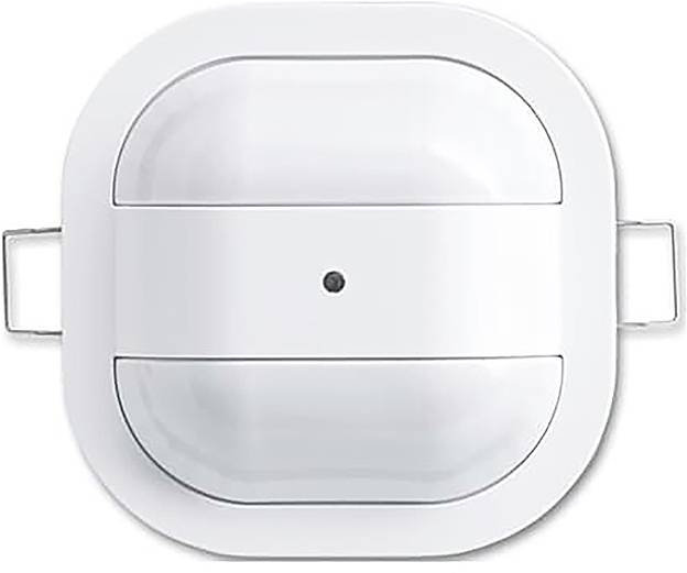 Ein weißer rechteckiger Sensor mit einem zentralen schwarzen Punkt und seitlichen Befestigungen, der einem kompakten automatisierten Überwachungsgerät ähnelt.