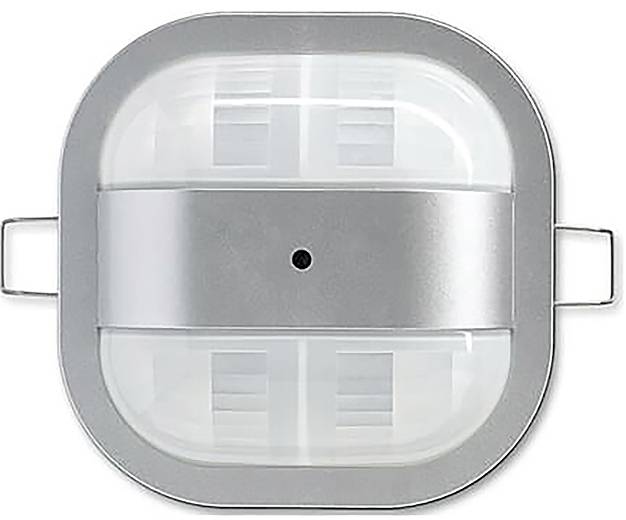 Deckengestützter Infrarot-Bewegungssensor mit weißem, abgerundetem rechteckigem Gehäuse und kleinem schwarzem Punkt in der Mitte.