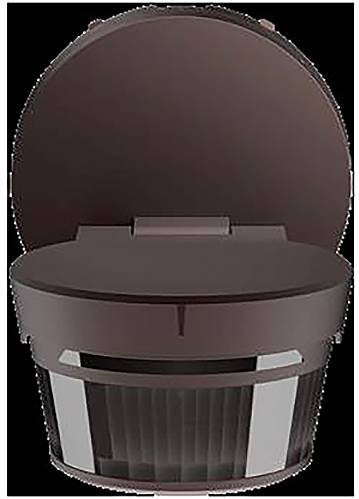 Eine braune Scheinwerferleuchtarmatur mit rundem Gehäuse, für den Außenbereich konzipiert, wahrscheinlich mit Bewegungsmelder oder Solarpanel ausgestattet.