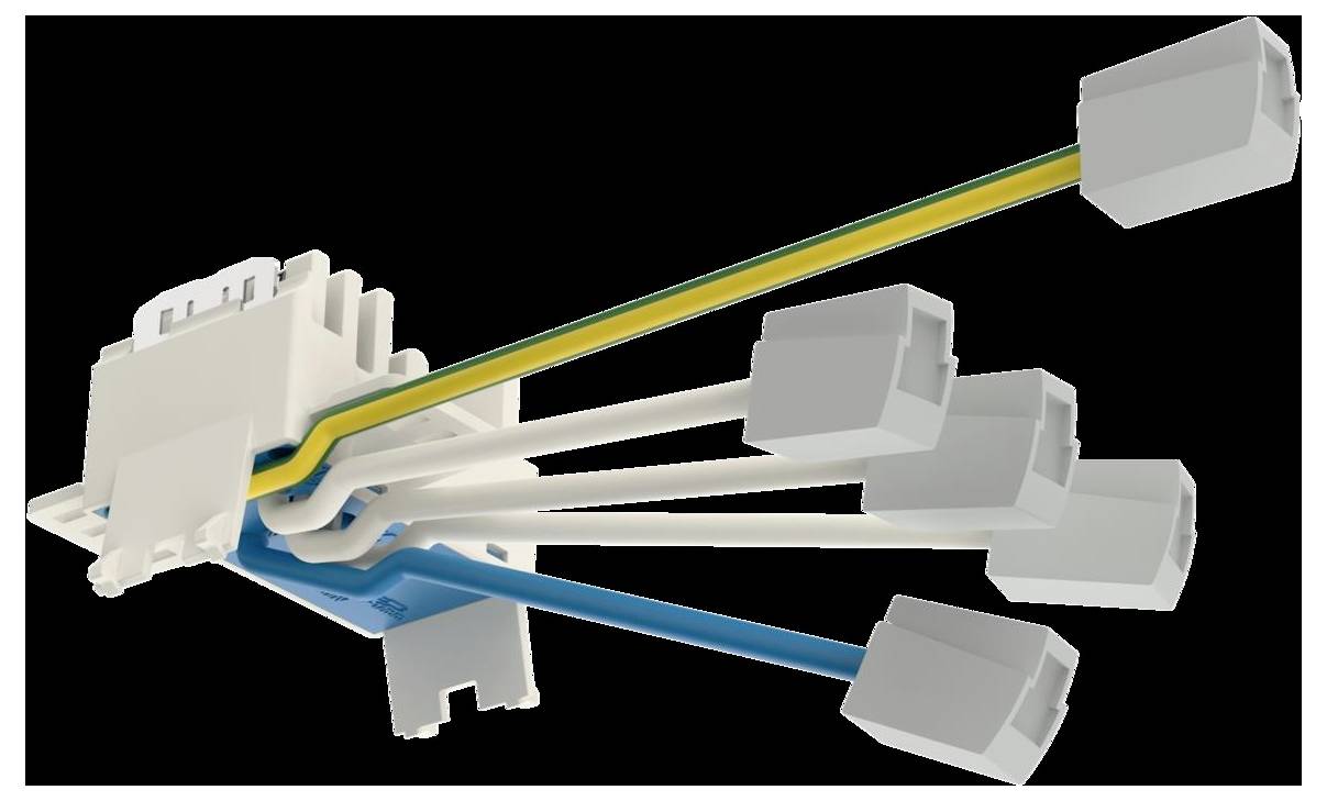Eine Nahaufnahme einer Steckergruppe mit fünf farbcodierten Kabeln, darunter gelbe, grüne, blaue und zwei weiße Kabel, auf schwarzem Hintergrund.